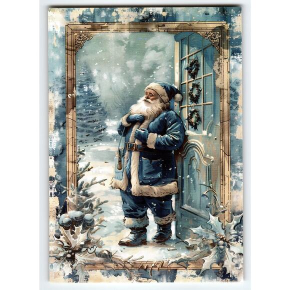 Vintage Blue Suit Coat Santa Claus Christmas Lithograph Postcard 5.5x4" - Picture 1 of 2